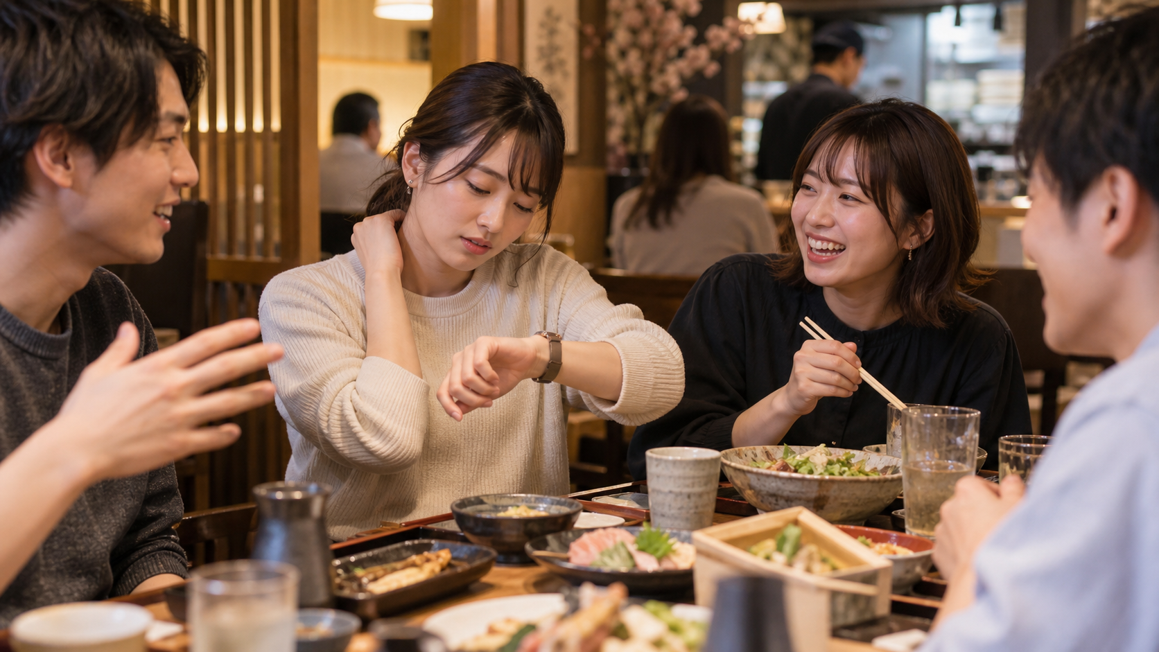 誘いを断れず会食で気疲れするリア充の様子