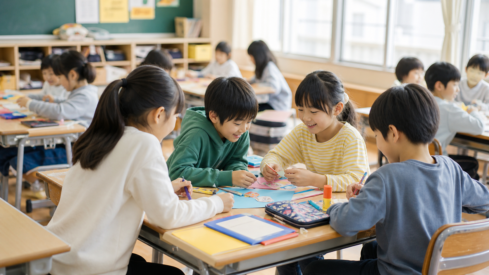 小学生が友達と教室で活動し学校生活を楽しむ様子