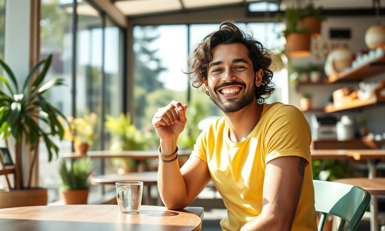 カフェで穏やかに過ごす幸せな人