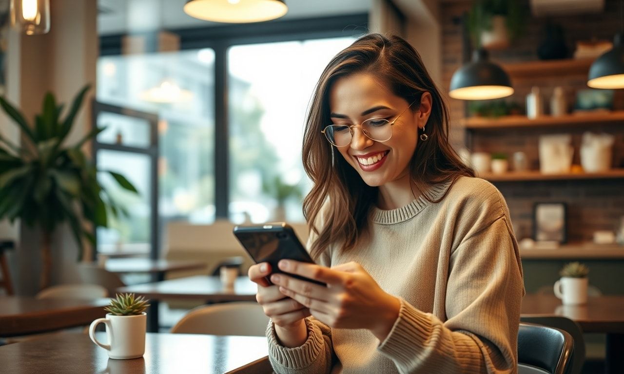 カフェでスマホを見て笑顔の人物