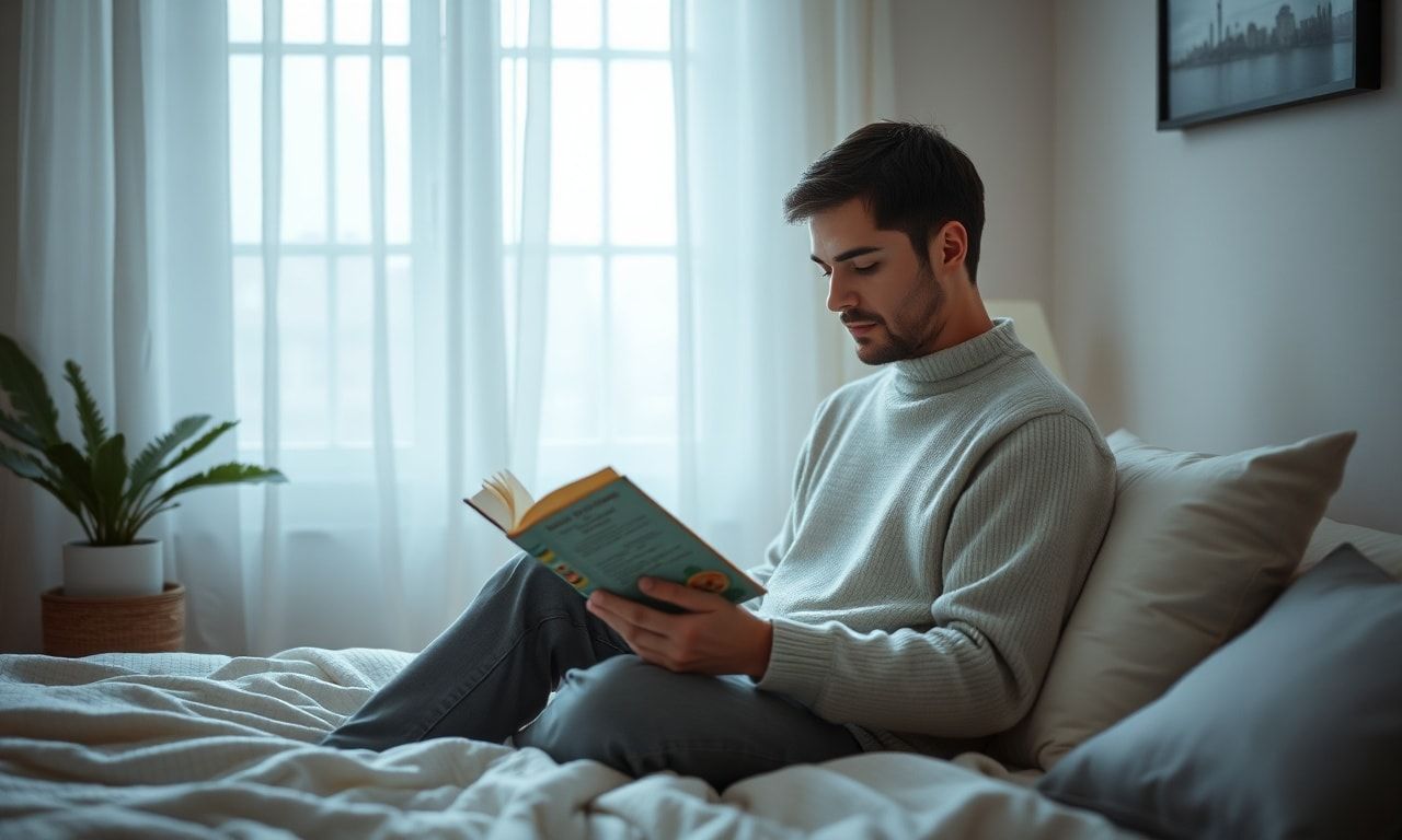 落ち着いた部屋で本を読む人の様子