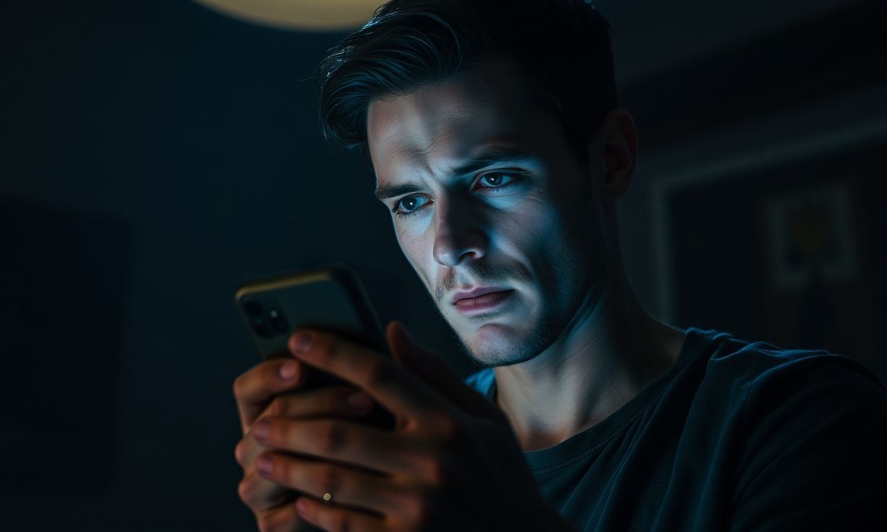 スマホを見て複雑な表情を浮かべる人のイメージ