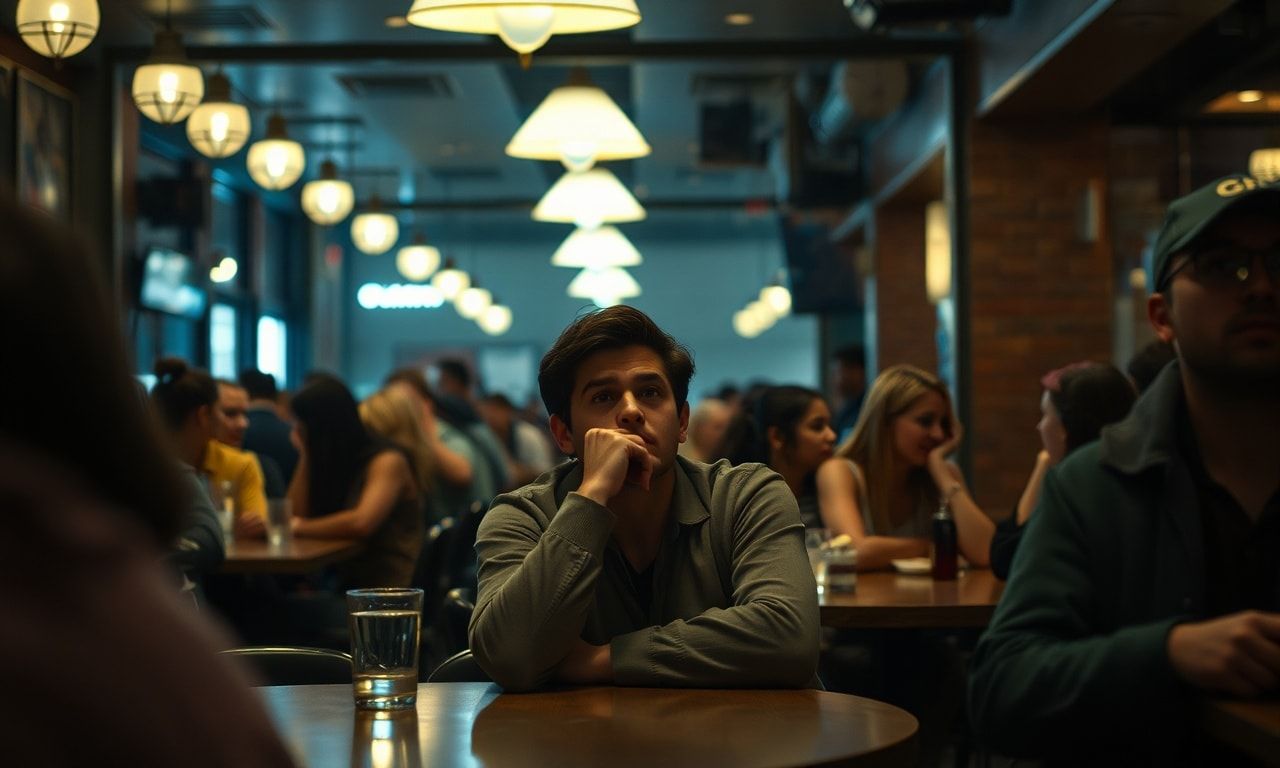 カフェで周囲の会話に興味を持てず退屈している人のイメージ