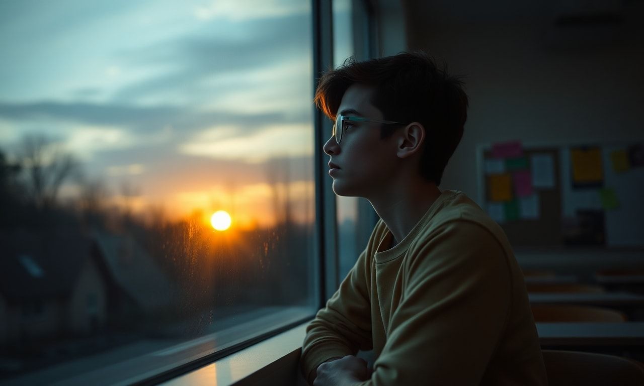 窓の外を眺める高校生