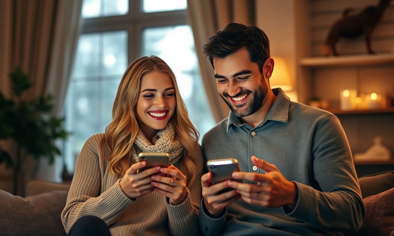 電話で会話する幸せなカップル