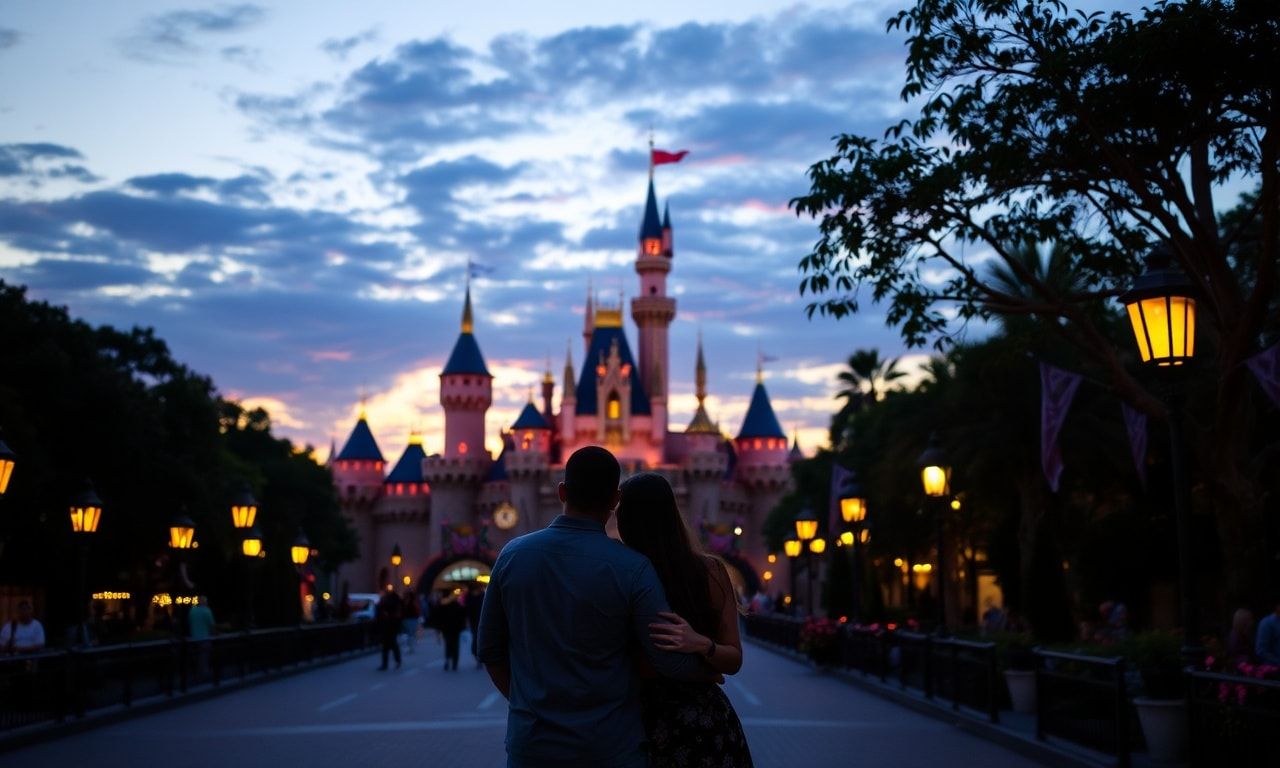 ディズニーランドで夕暮れ時に寄り添うカップル