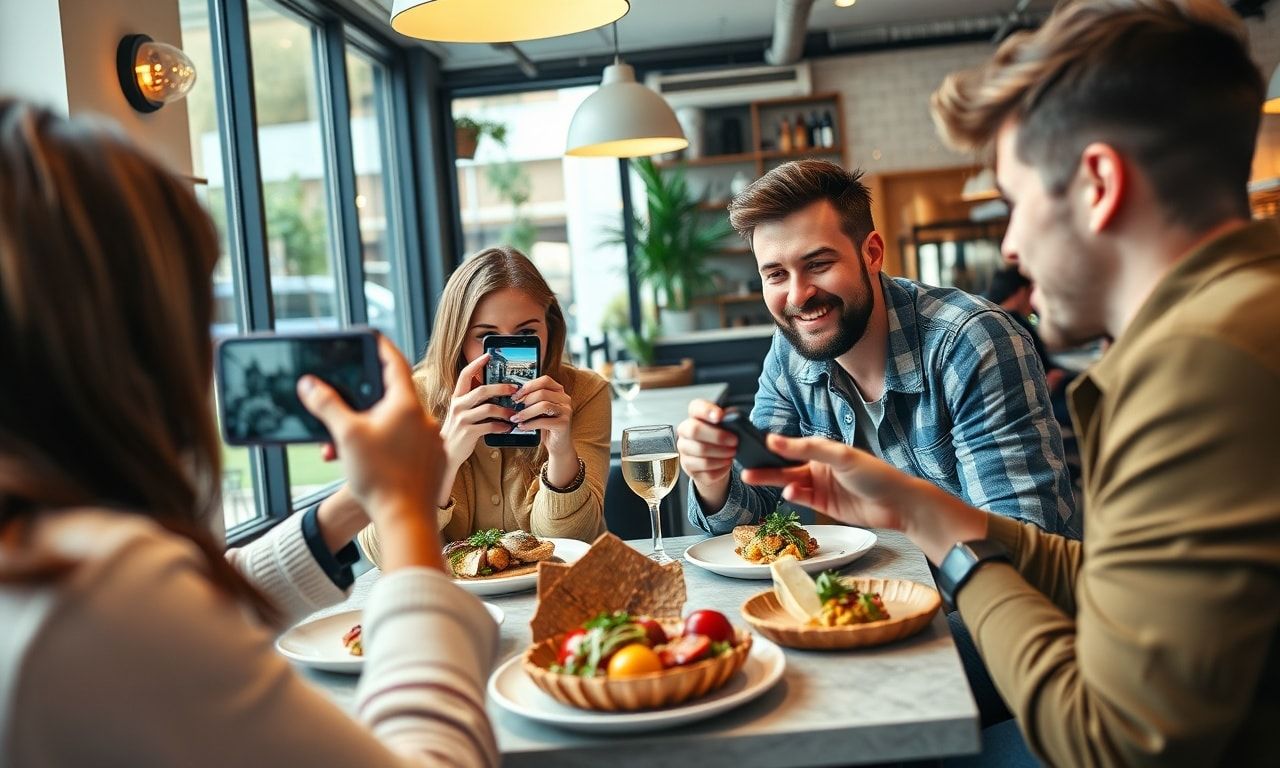 SNSでカフェの写真を撮る様子