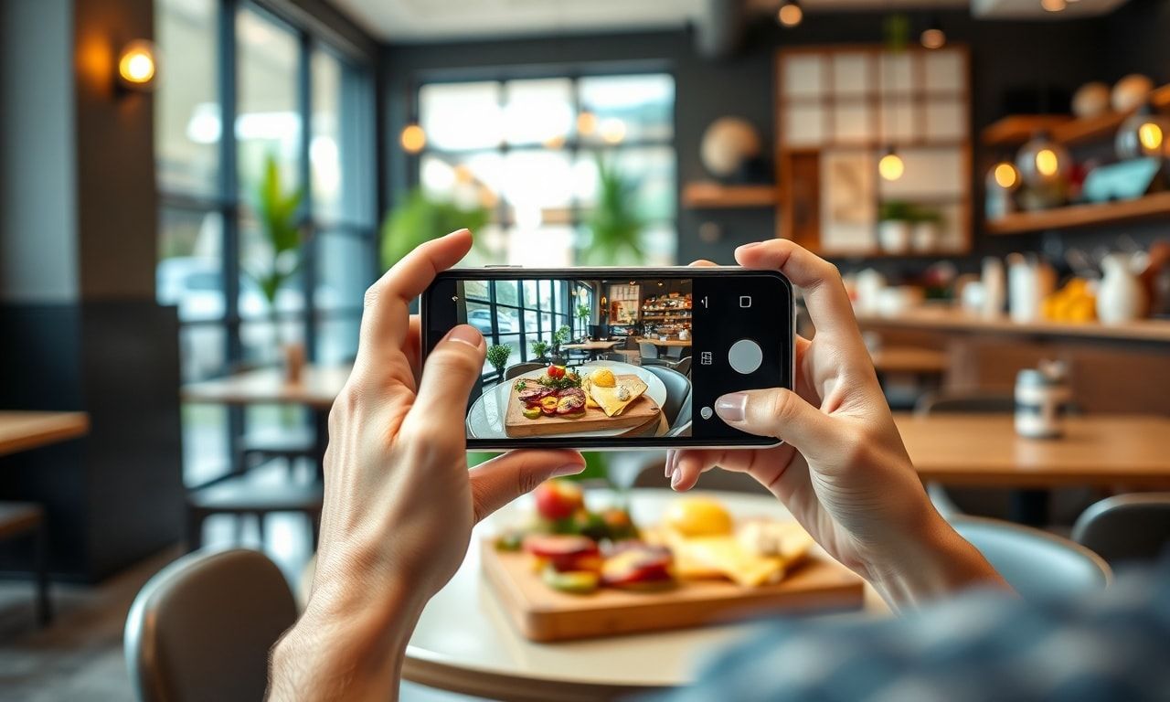 カフェで料理の写真を撮る様子