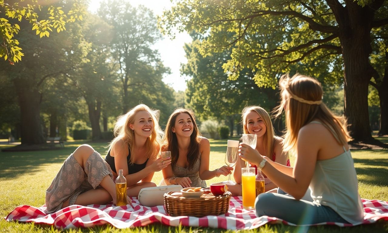 幸せそうなグループが公園でピクニックを楽しんでいる様子