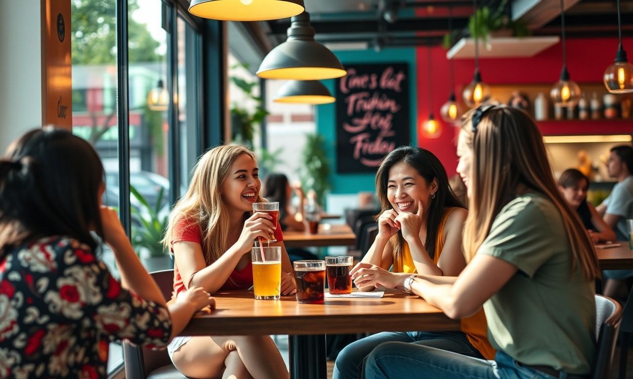 友達同士がカフェで楽しく会話している様子