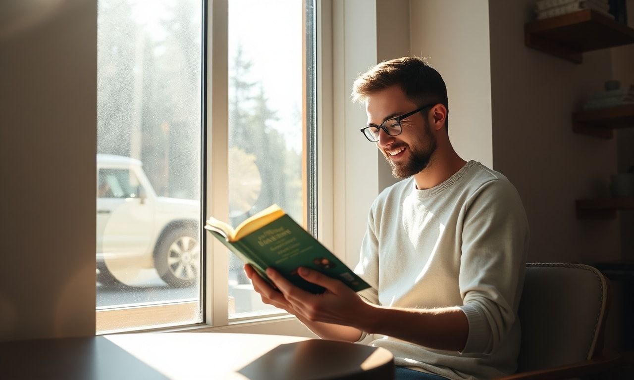 カフェで読書をする落ち着いた人物