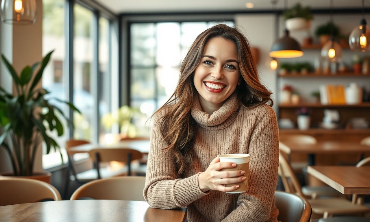 笑顔でカフェにいる自信に満ちた女性
