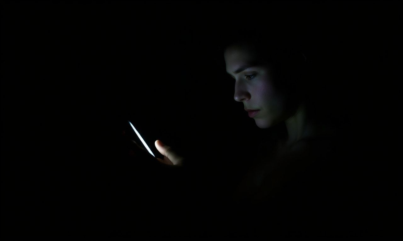 暗い部屋でスマホを見つめる孤独な人