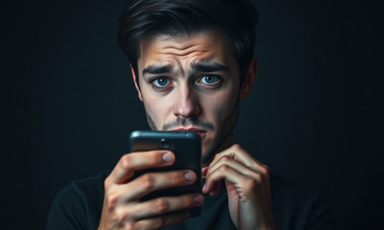 複雑な表情でスマホを見る人