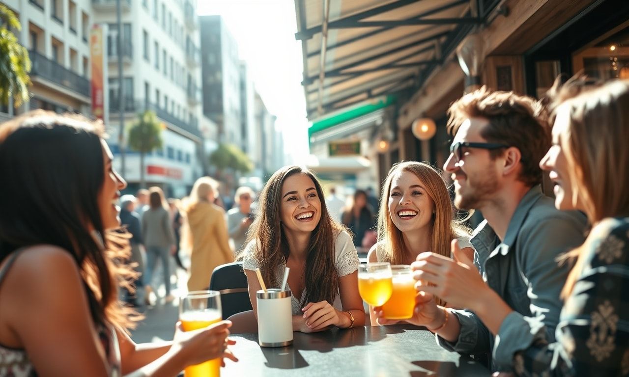街中で楽しそうに会話するグループ