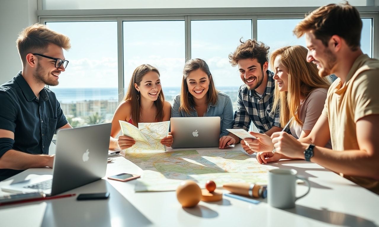 旅行計画を立てる友人グループ
