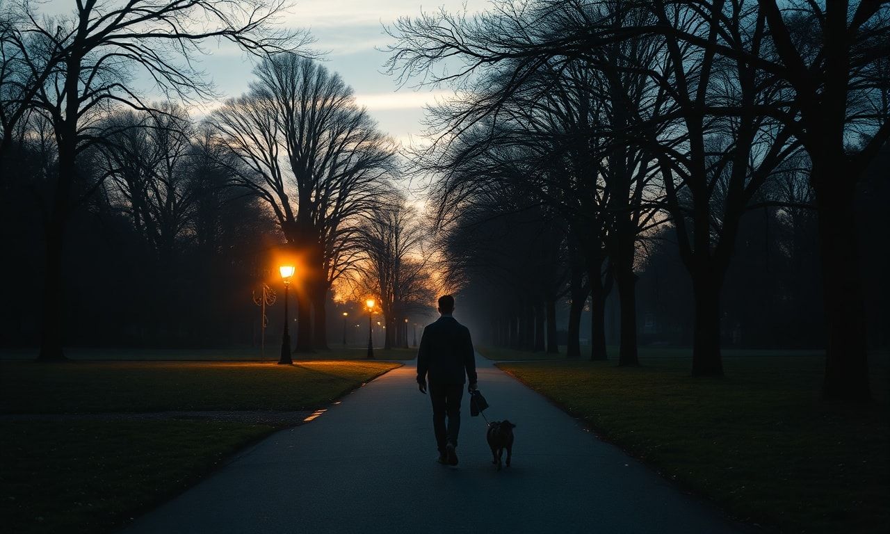 静かな公園を散歩する人の風景