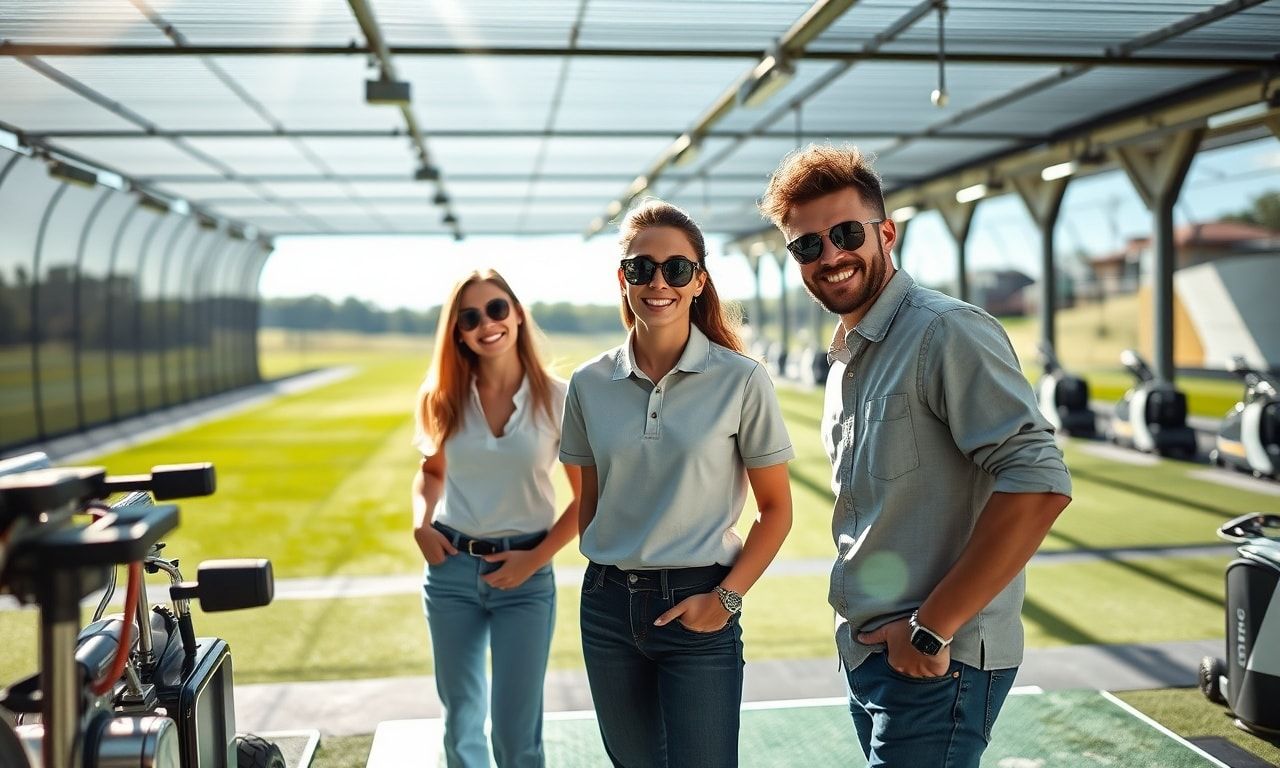 ゴルフ練習場で楽しむ若者たち