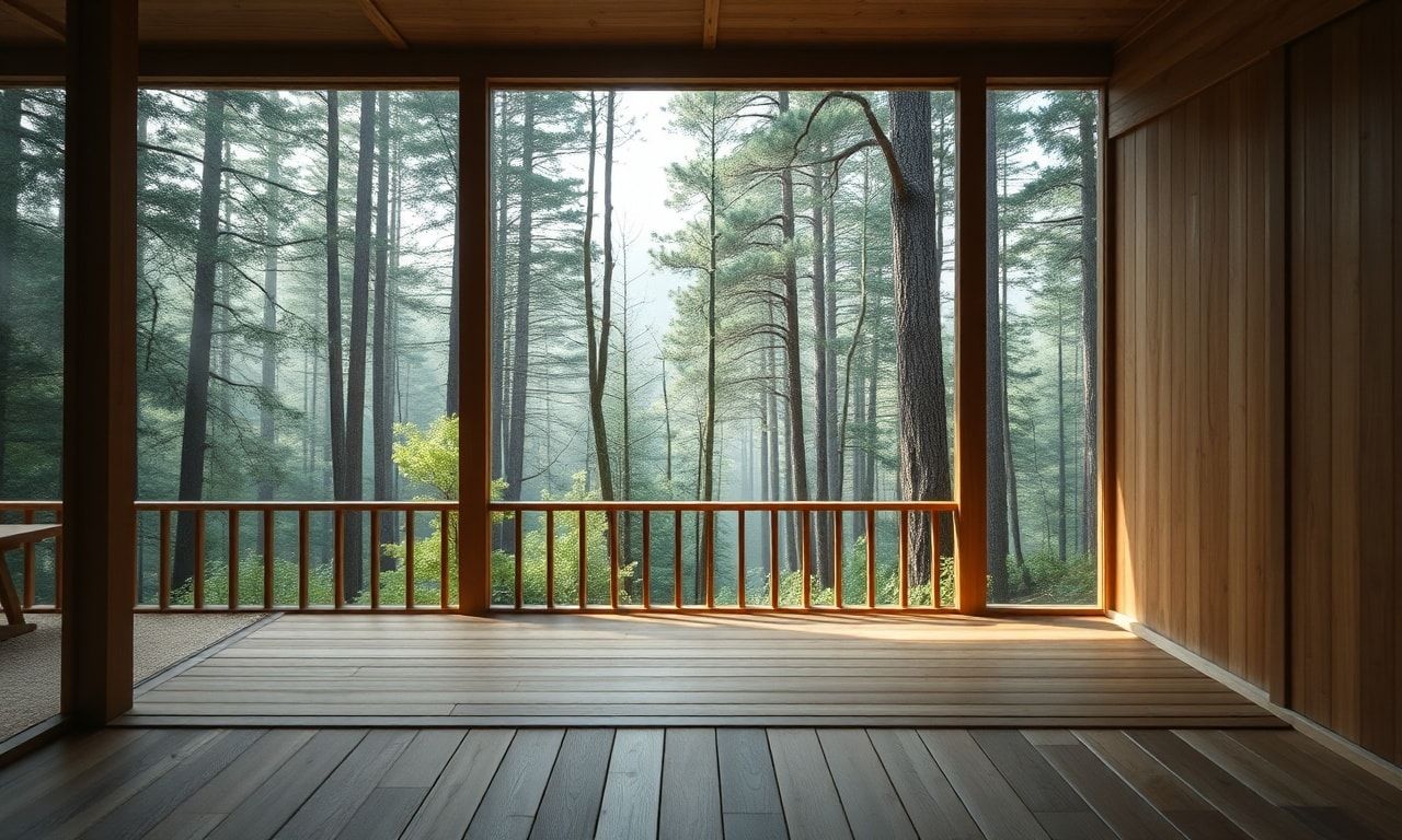 静寂な森林の中のシンプルな木造の宿