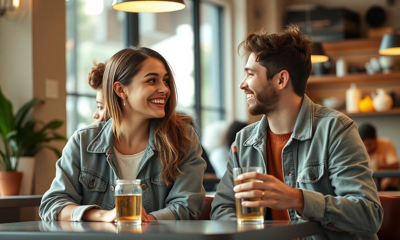 カフェで楽しく雑談する二人