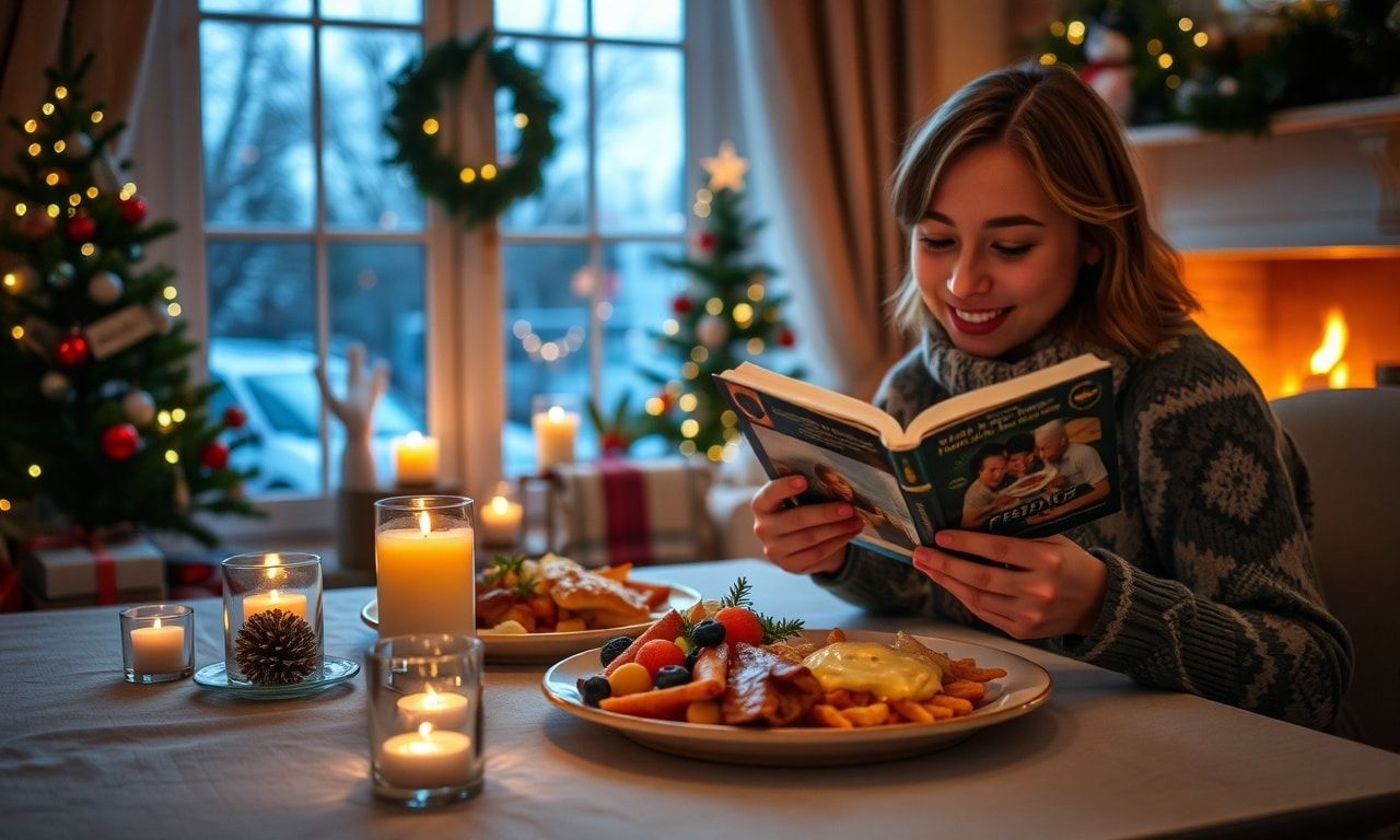 家でゆっくりと美味しい食事を楽しみながら本を読むリラックスしたクリスマスの様子