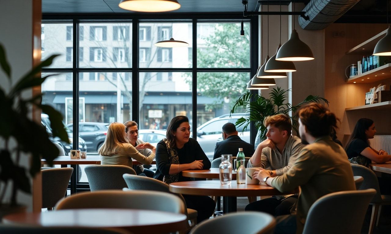 カフェで会話を楽しむ人々