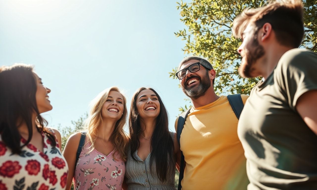 屋外で笑い合う友人グループ