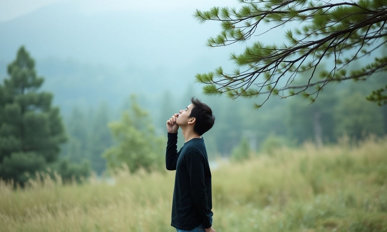 自然の中で深呼吸して心を落ち着かせる人のイメージ