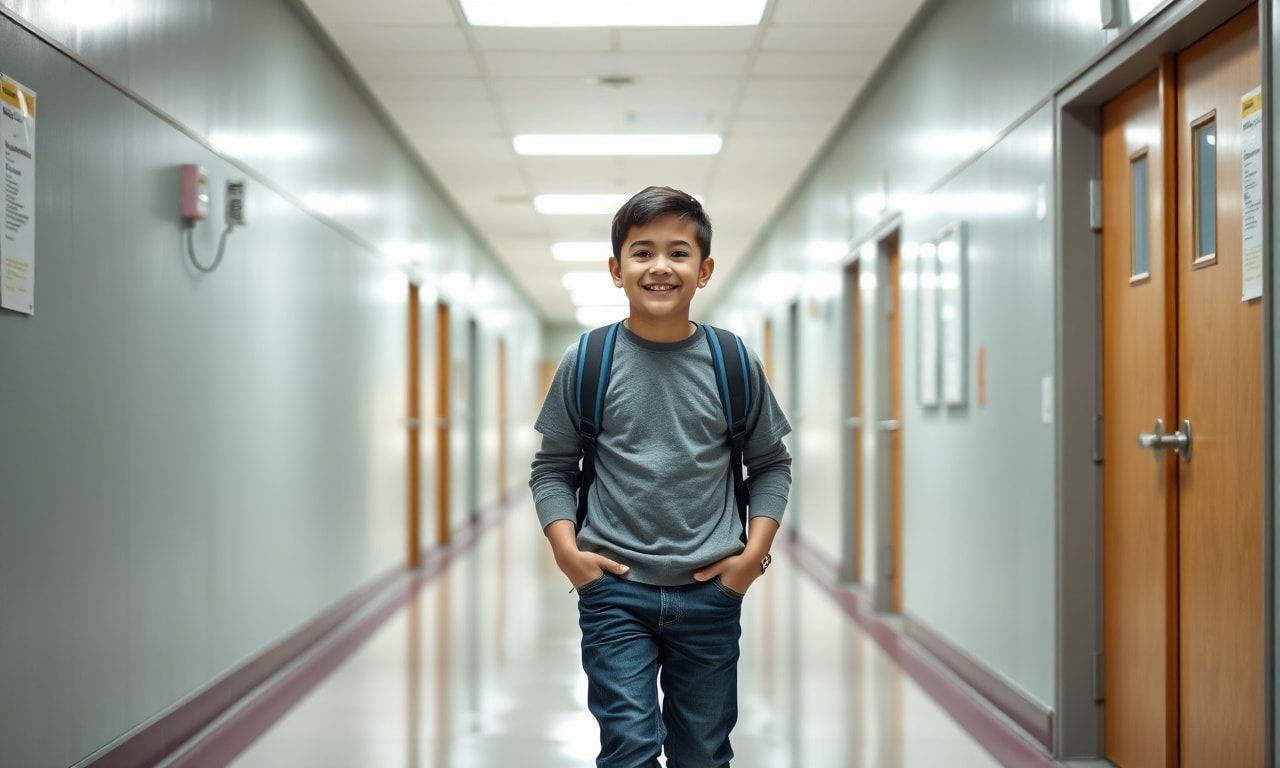 学校の廊下を歩くポジティブな生徒