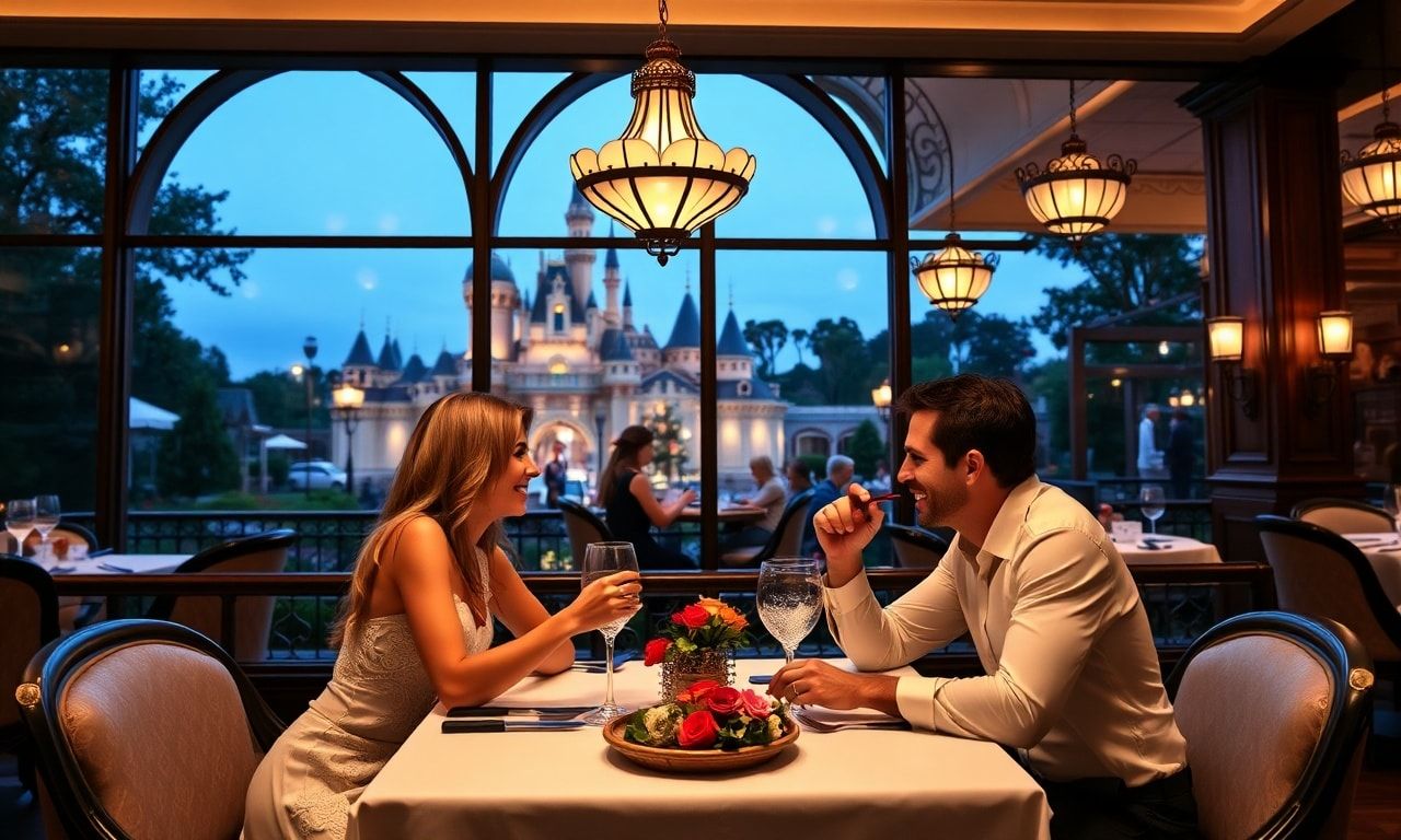 ディズニーランド内のレストランでディナーを楽しむカップル
