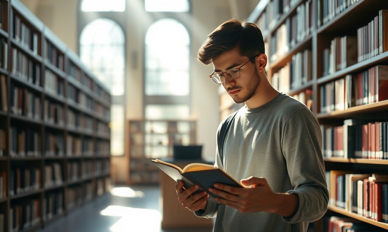 図書館で本を読みながら物思いにふける学生
