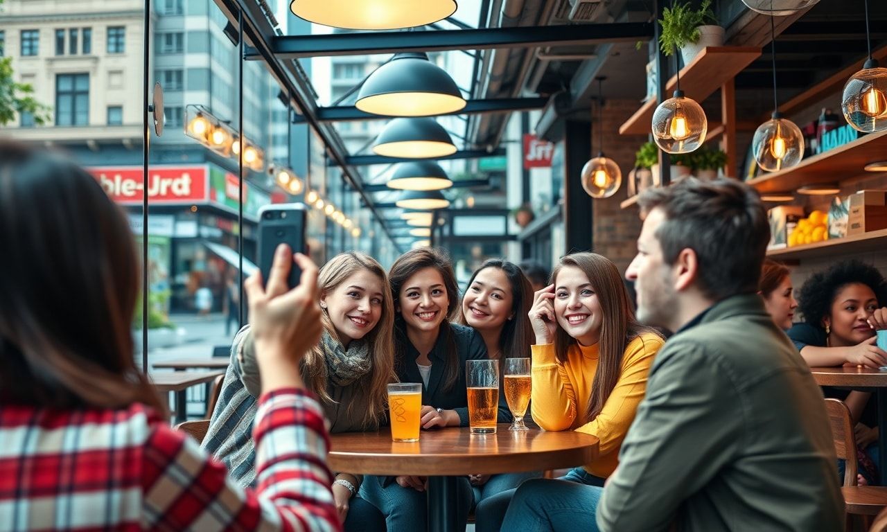 カフェでおしゃれな写真を撮る若者たちの様子