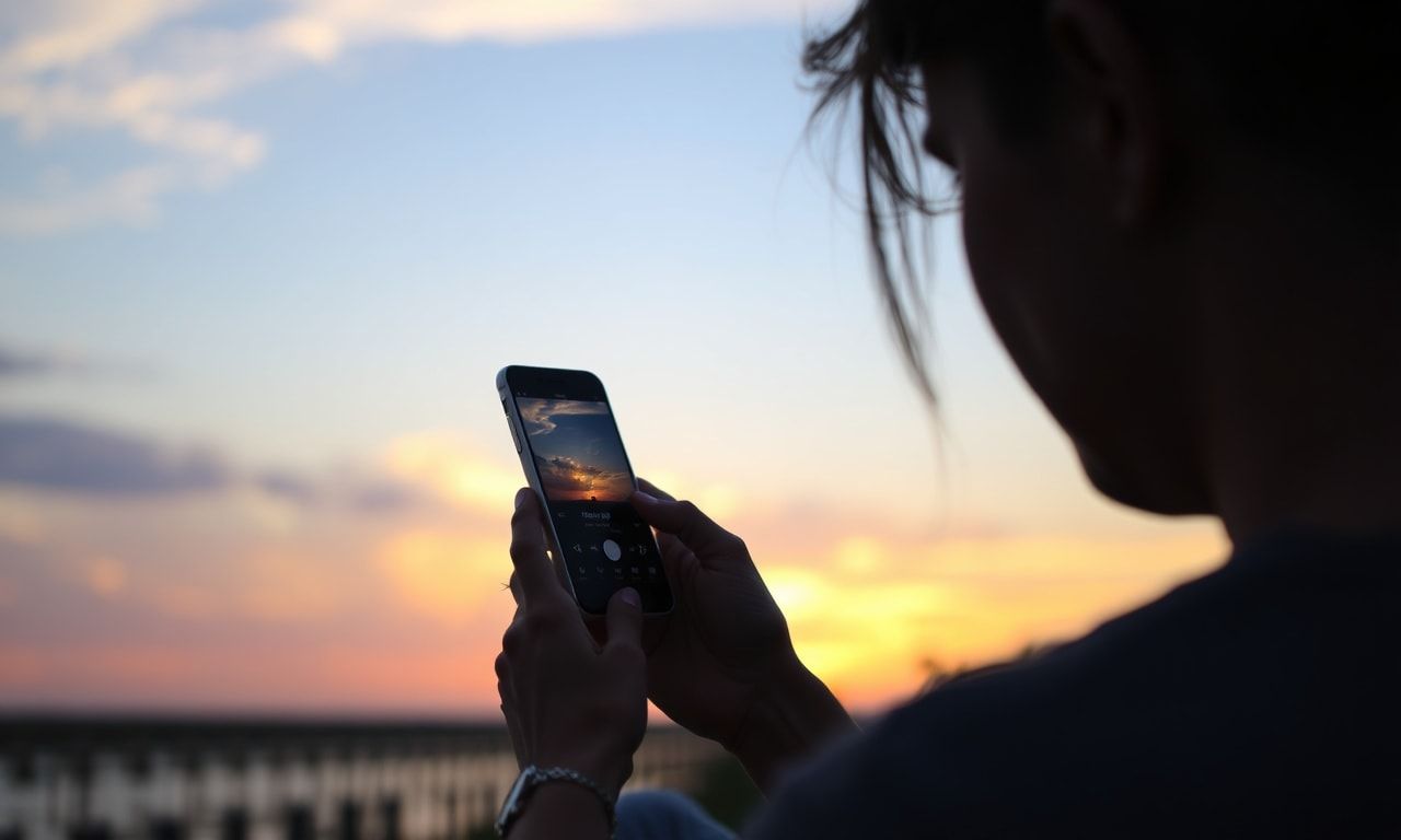 夕暮れ時にリラックスしてスマートフォンを見る人のイメージ