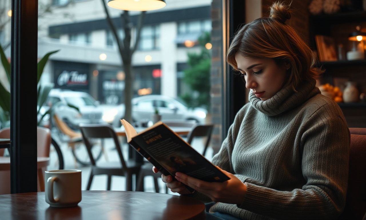 カフェで読書する落ち着いた日常