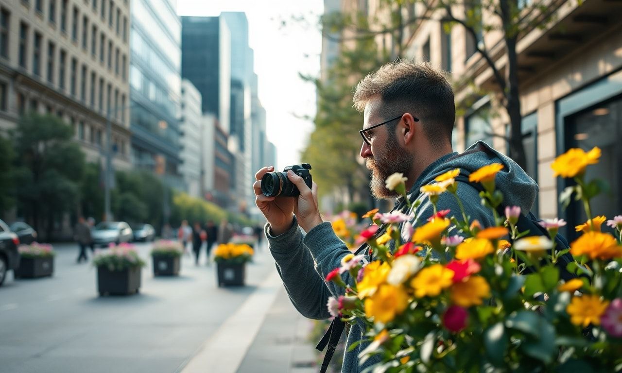 街中で花を撮影して楽しむ散歩の様子