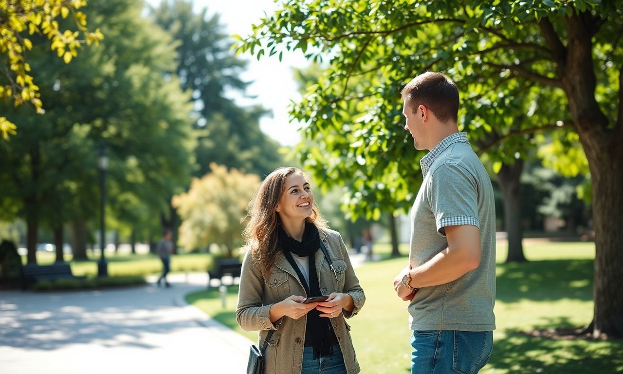 公園でリラックスして会話を楽しむ男女のイメージ
