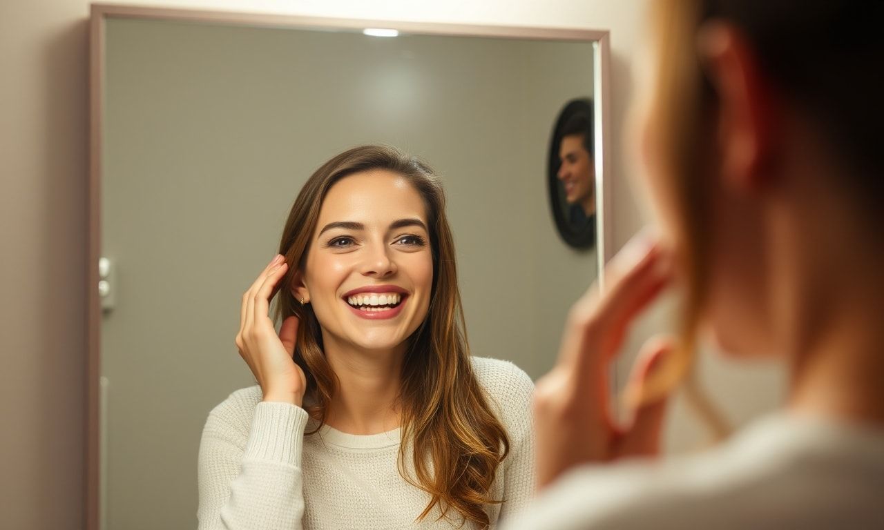 鏡を見て笑顔になる様子