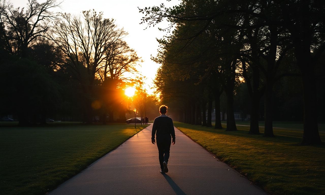 夕暮れの公園を歩く人