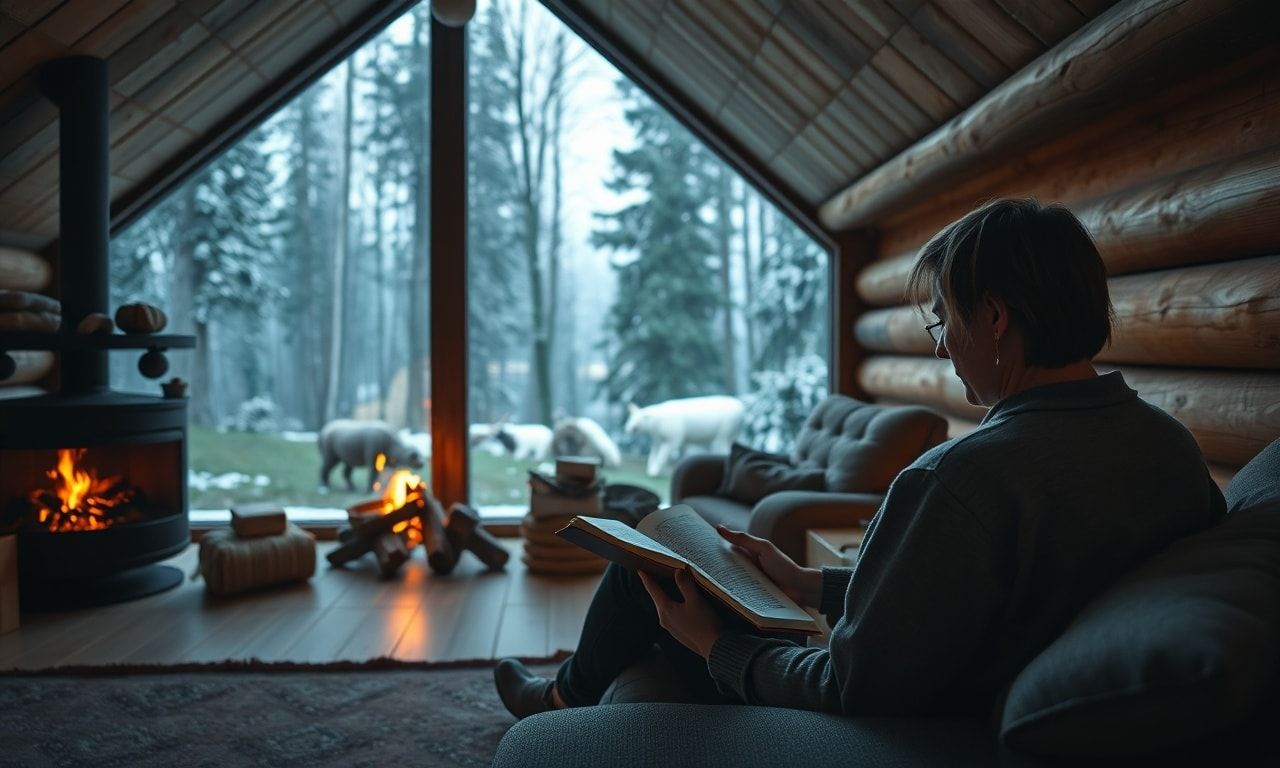 暖炉のそばで読書をするリラックスした風景