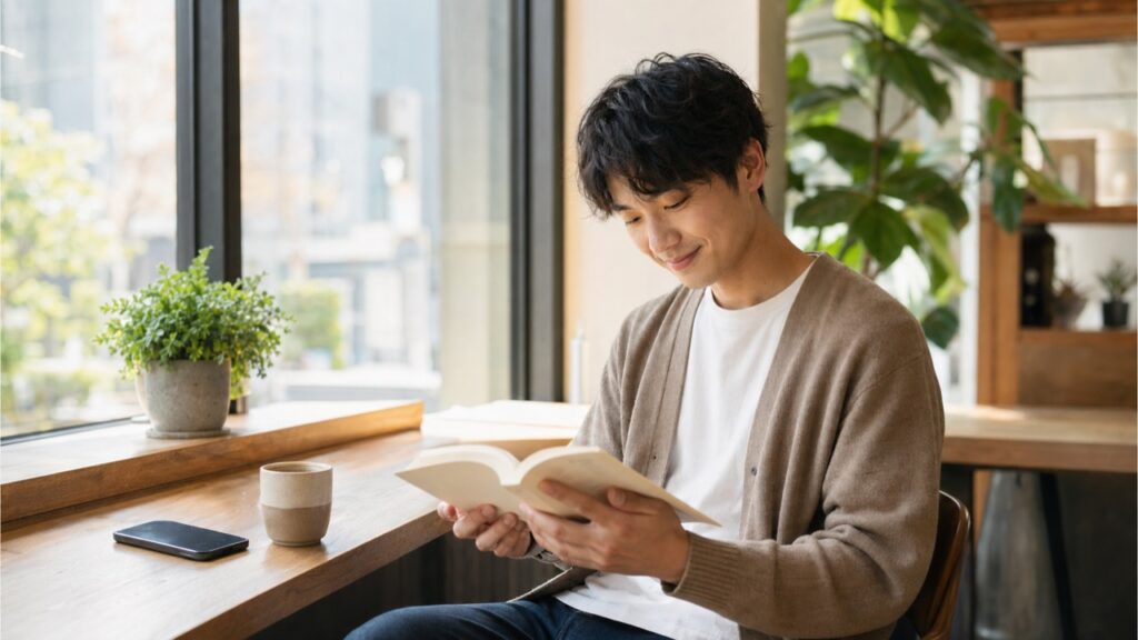 SNSでアピールしない隠れリア充がカフェで読書を楽しむ様子
