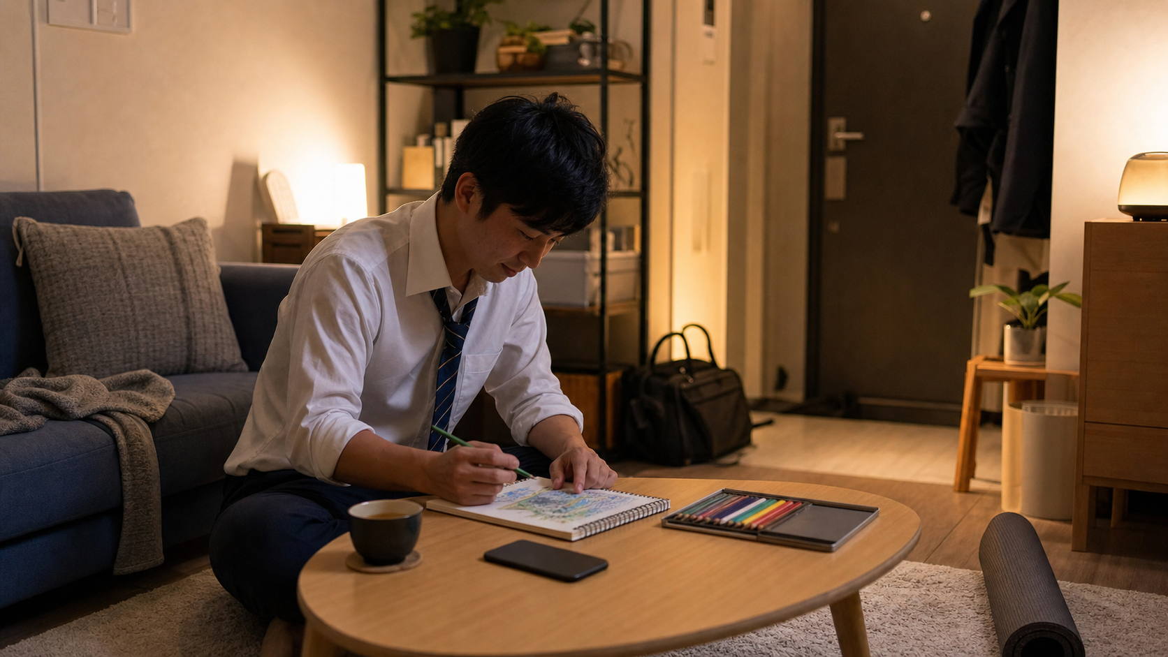 仕事帰りの社会人が自宅で短時間の創作趣味を楽しむ様子