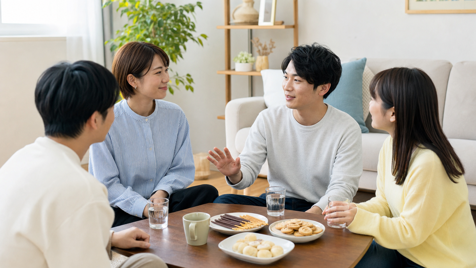 ポッキーゲーム前に同意とNG例を確認する友人グループ