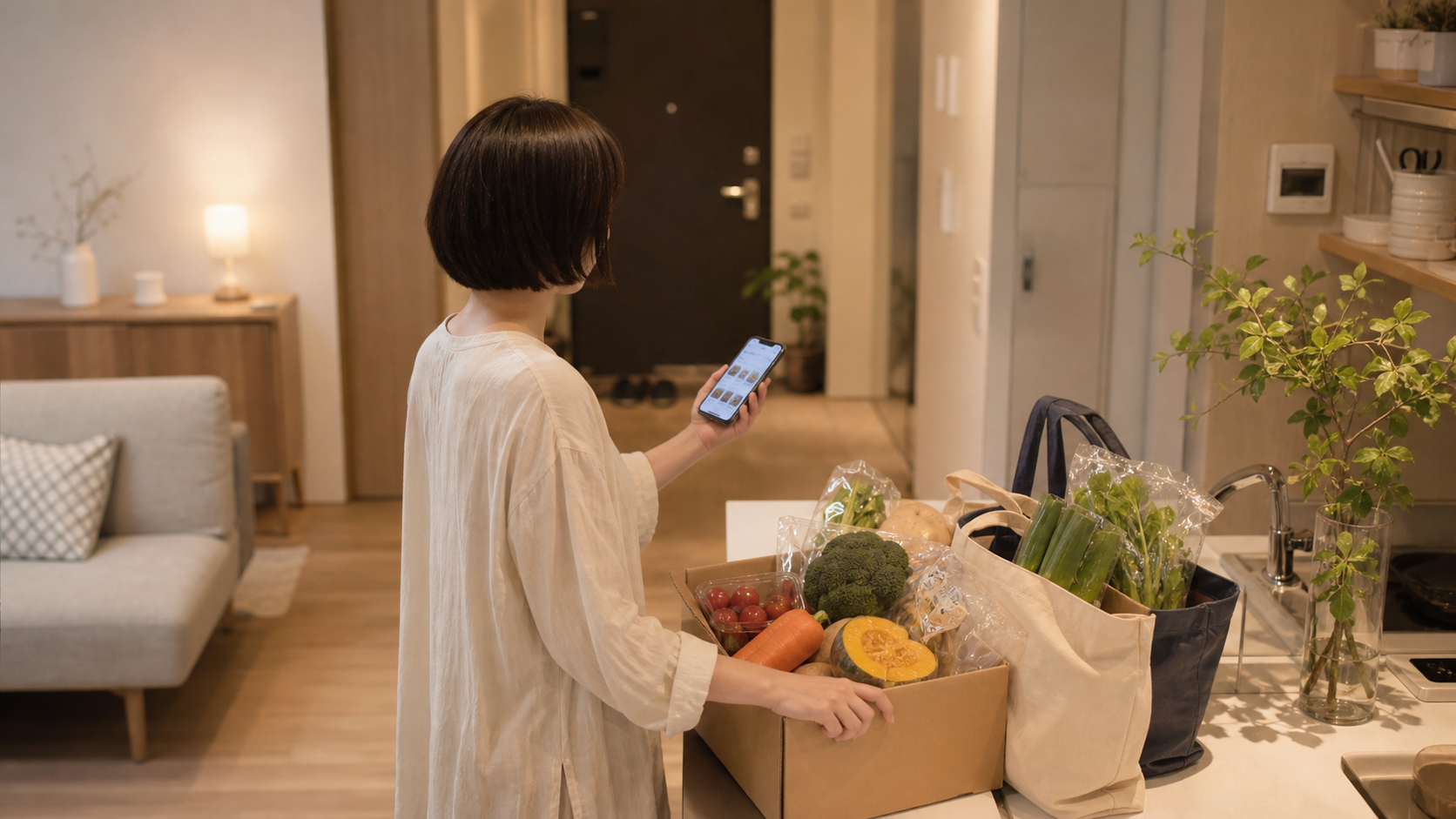 ネットスーパーで届いた食材を自宅で確認する人