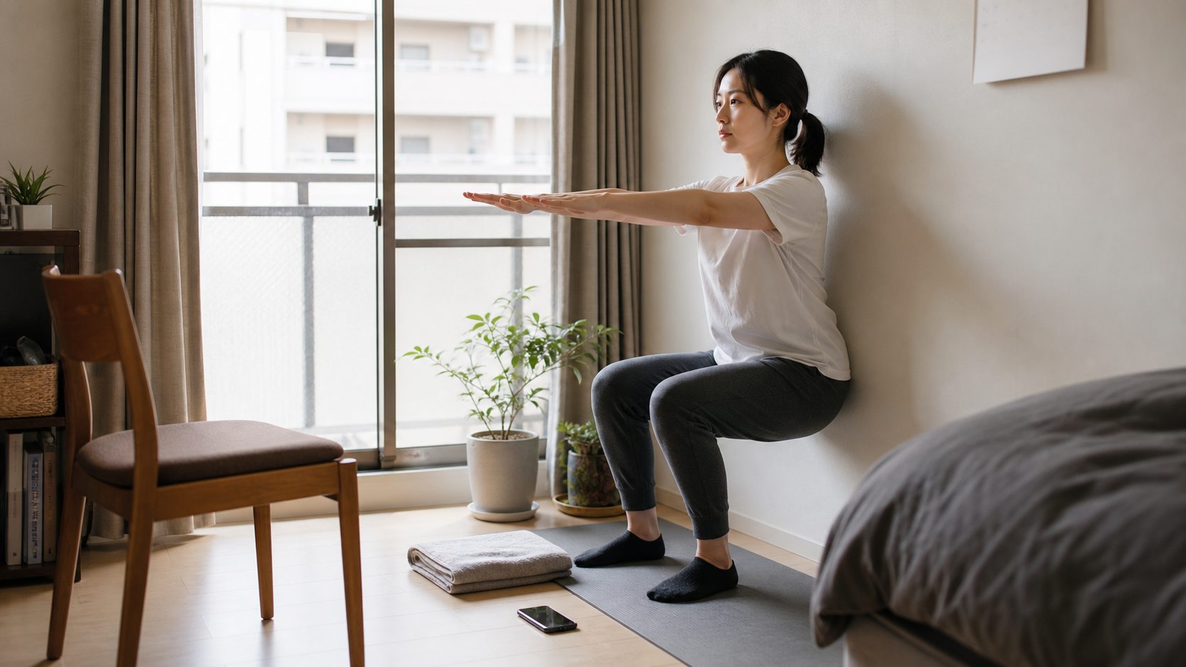 集合住宅でも静かにできる壁スクワットの様子