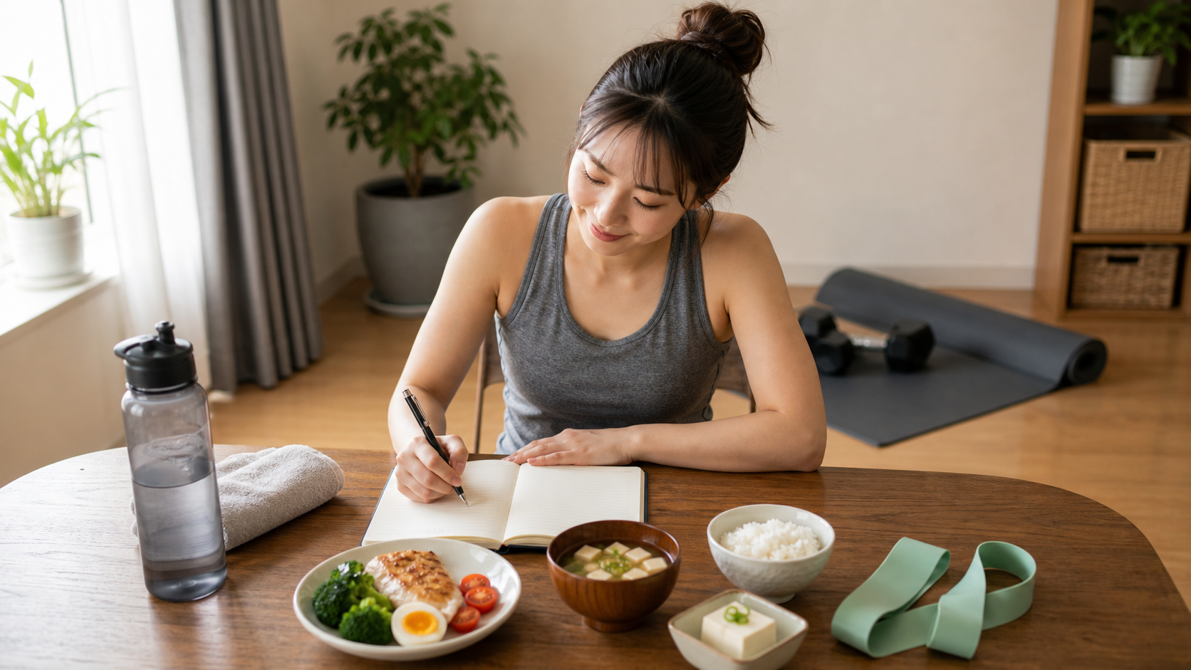 自宅筋トレ後に食事と記録で習慣を整える様子