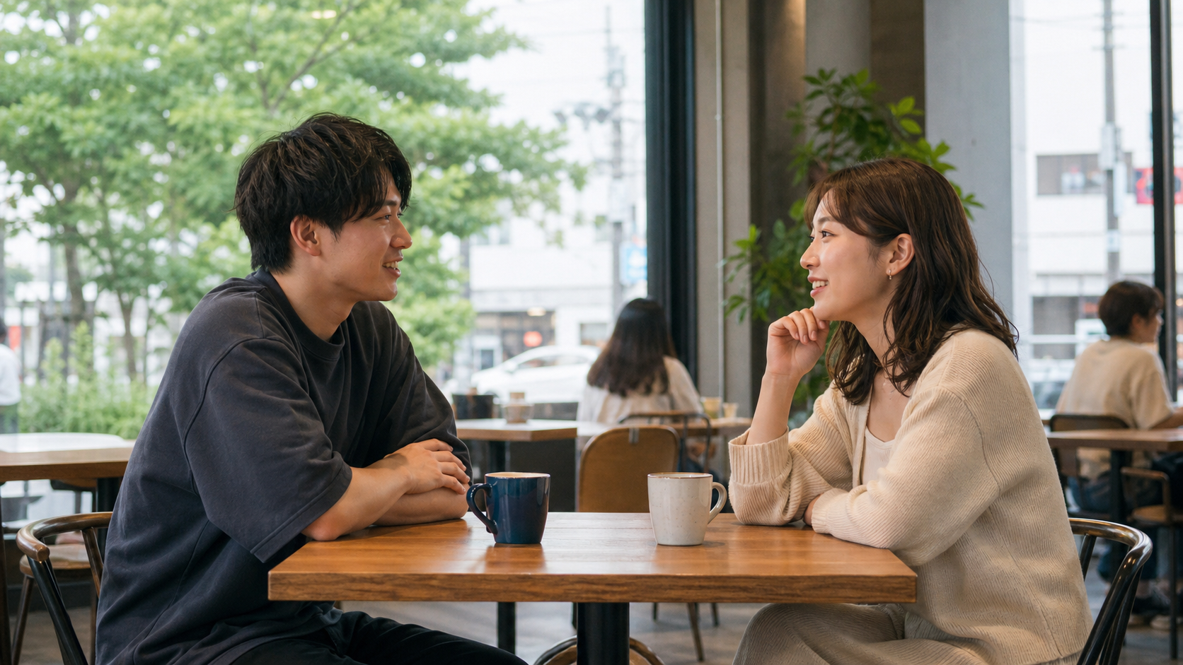 非リア充が公共のカフェで自然な会話と誘い方を練習する様子