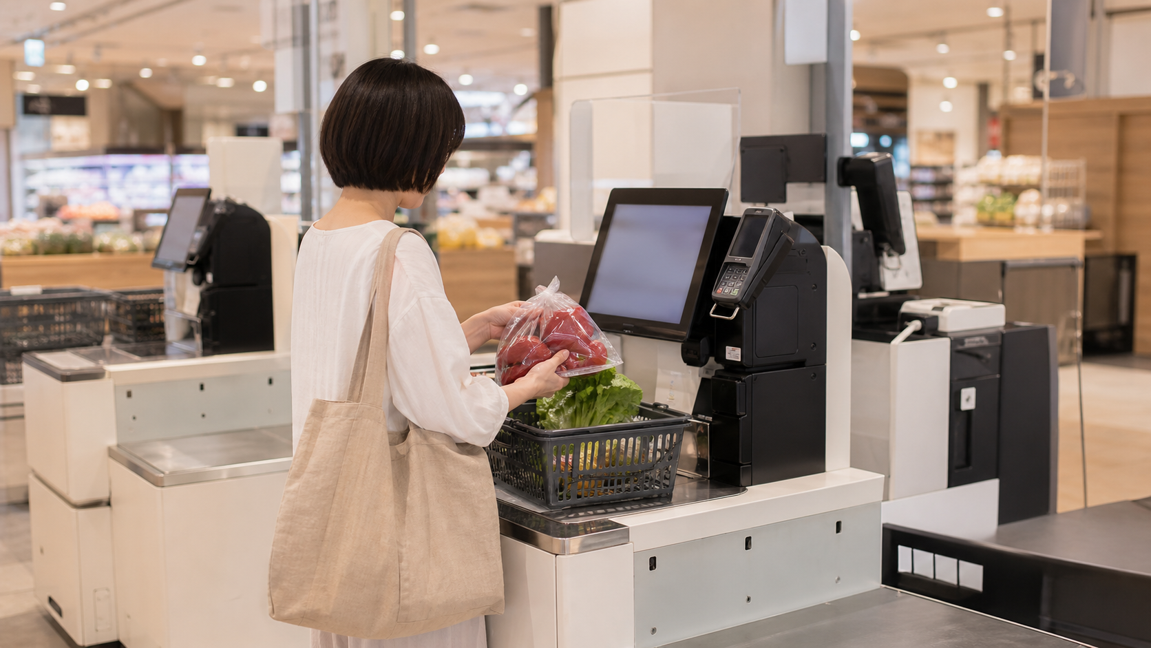 セルフレジで落ち着いて会計しマイバッグに商品を入れる人
