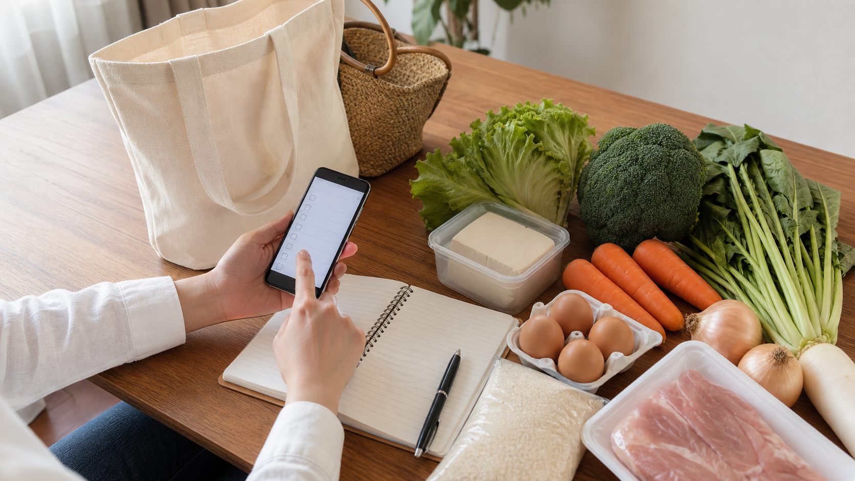 買い物前にスマホのリストと食材を確認する準備の様子