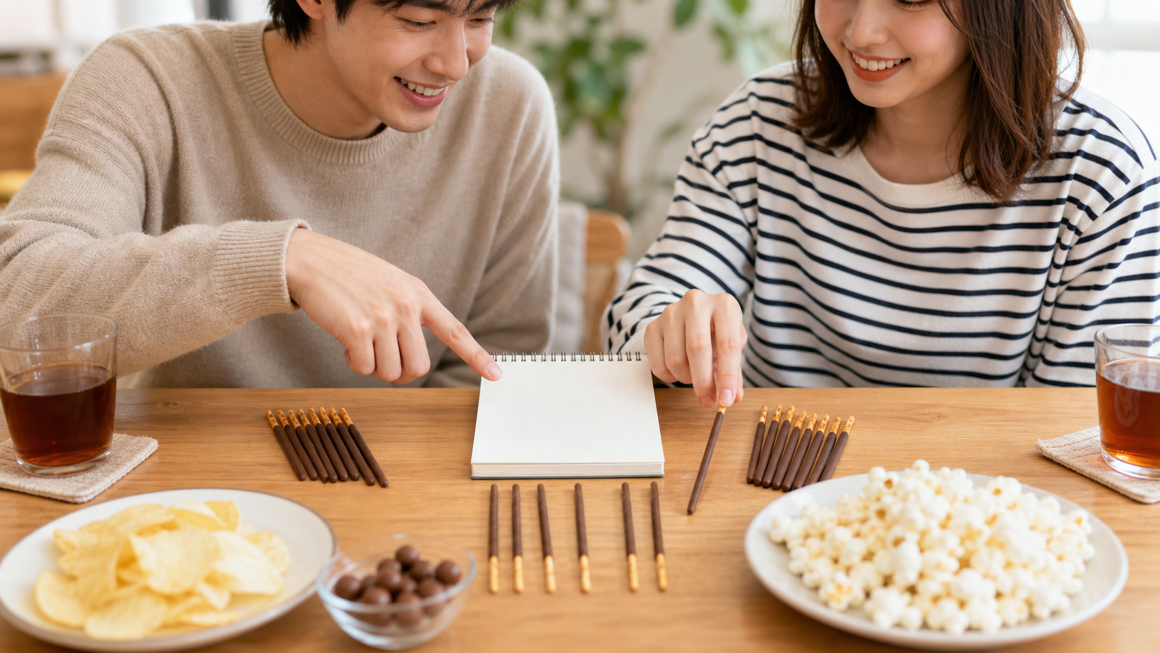 ポッキーゲームの勝敗パターンを確認する様子