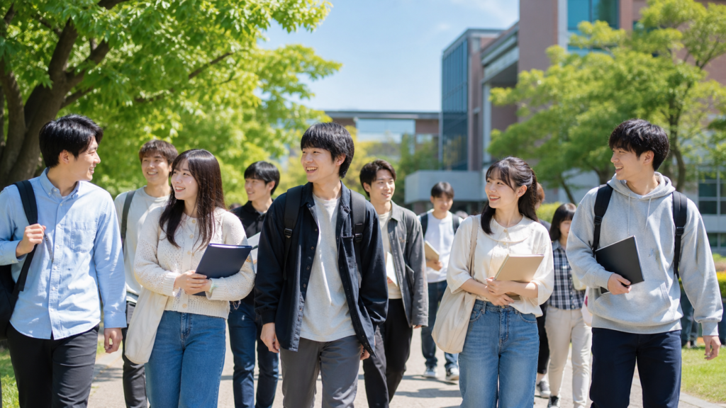 大学サークル選びで友達と歩く学生たち